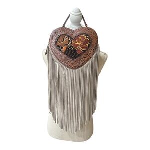 Brown Vegan Leather Tooled Embroidered Heart Canteen Fringe Bag Purse Crossbody